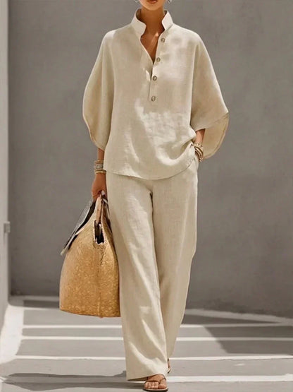 Camille™ | Ensemble en Lin avec Manches Chauve-Souris et Pantalons Amples