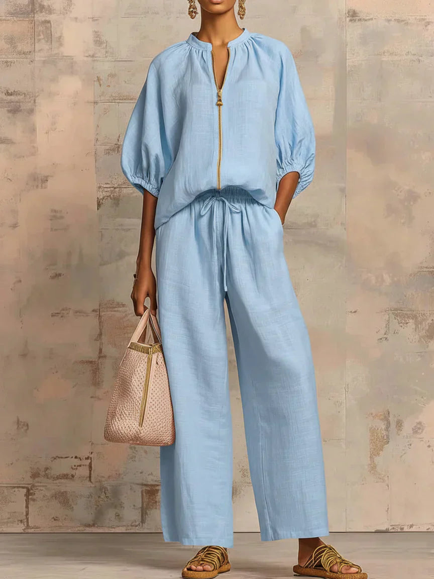 Colette | Ensemble en Lin et Coton en Deux Pièces : Chemise de Style Décontracté et Pantalons à Jambes Larges