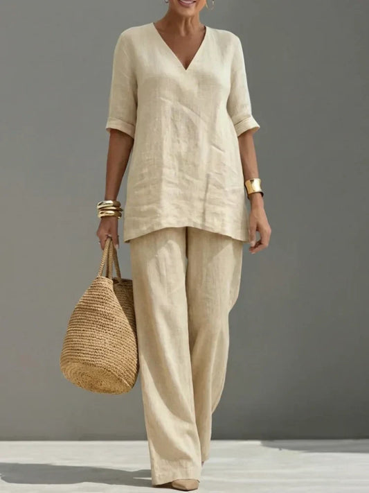 Céline | Ensemble Deux Pièces avec Top à Manches Trois Quarts et Pantalons Droits