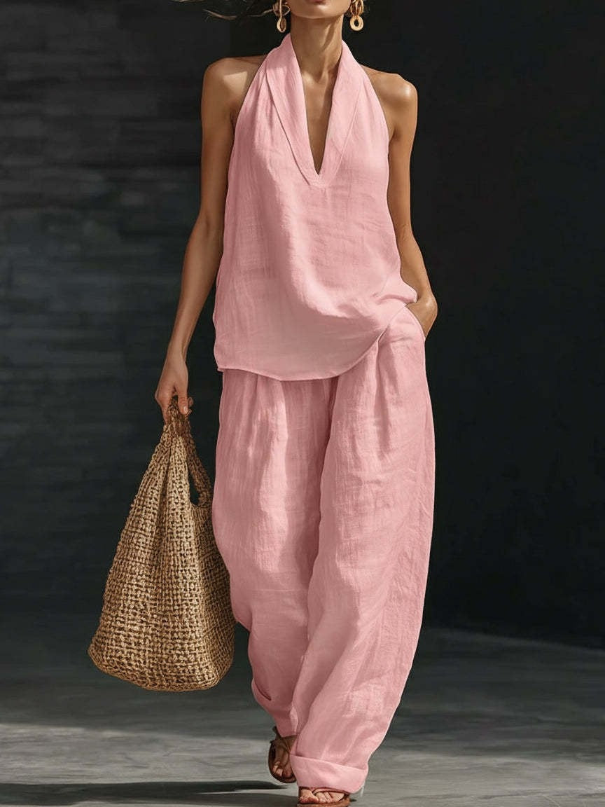 Lila | Haut sans manches à col en V et ensemble de pantalons à jambes larges